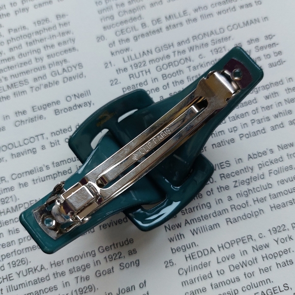 Vintage Barrette Hair Bobby Pin Clip Paris Green Lucite Rhinestones 1990s - Picture 6 of 7